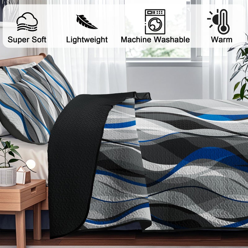 weesire Classic Line Pattern Bedding Quilt King Size Modern Grey Blue and White Stripe Quilt with 2 Shams  Gray and Blue Comforter Sets Lightweight Breathable Bedspreads Coverlet  96''x106'' - Image 4